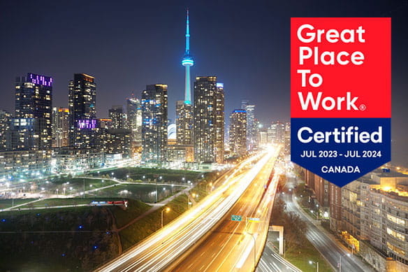 Porsche: Great Place to Work certified July 2023 - July 2024 Canada. Toronto downtown highway at night.