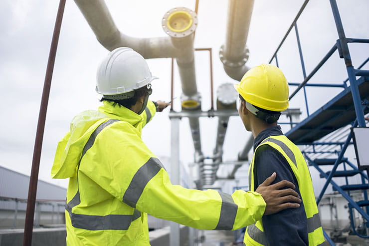 Modèle de plan de fidélisation des employés : un ingénieur présente le travail d’équipe nécessaire pour installer des tuyaux